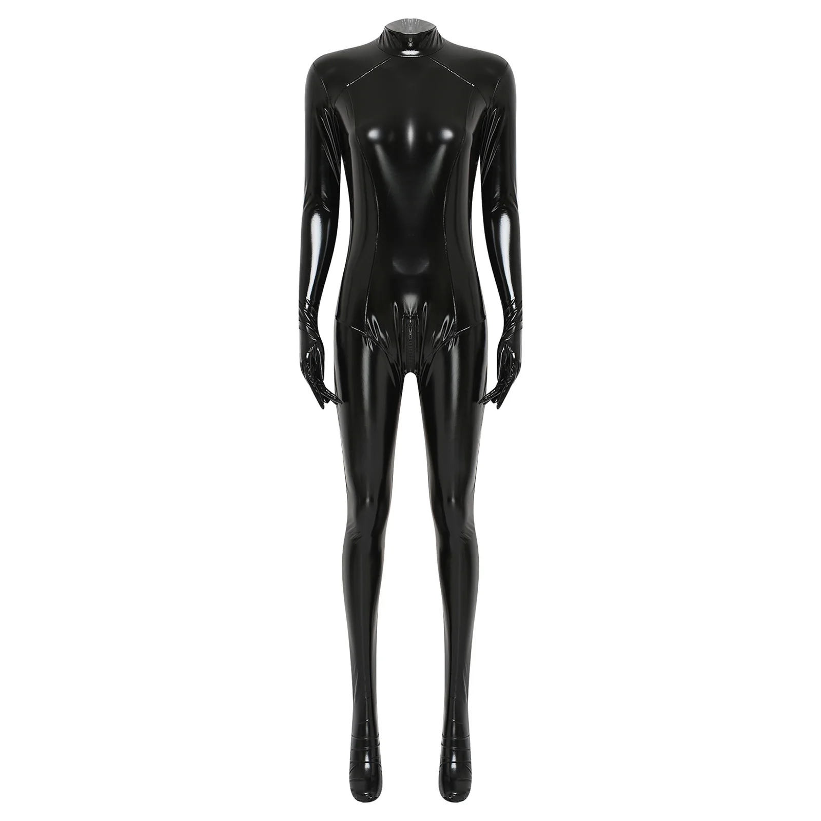 Womens Edgy Faux Leather Catsuit with Gloved Sleeves Openable Crotch Full Body Unitard with Footed Leggings for Nightclub Wear
Womens Edgy Faux Leather Catsuit with Gloved Sleeves Openable Crotch Full Body Unitard with Footed Leggings for Nightclub Wear