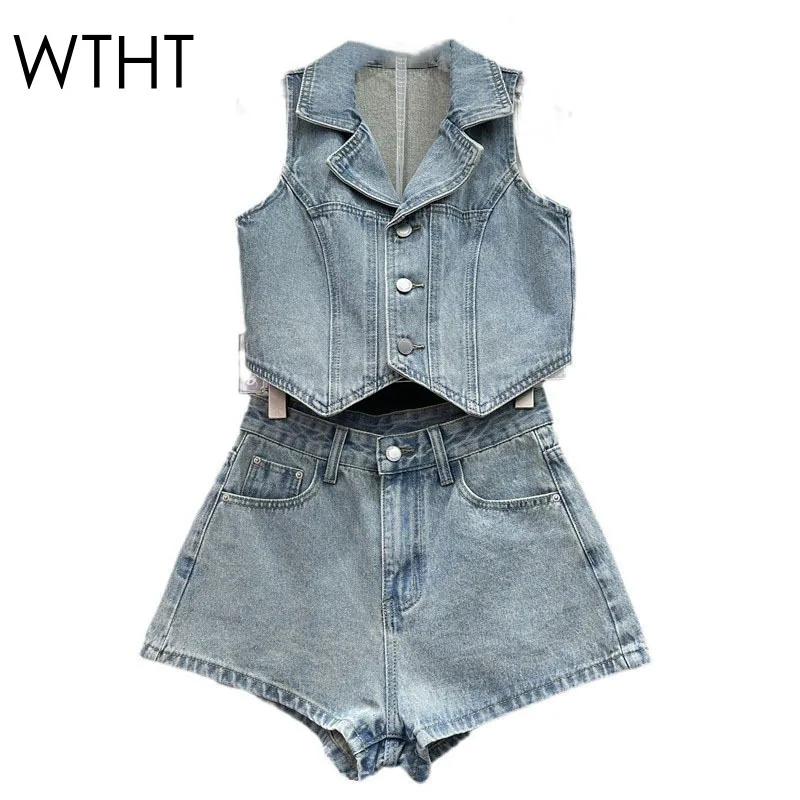 WTHT Fashion Women's Suits Sleeveless Turn-down Collar Denim Vest Wide Leg A-line Short Pant Set Female 2025 Summer 1LS1401
WTHT Fashion Women's Suits Sleeveless Turn-down Collar Denim Vest Wide Leg A-line Short Pant Set Female 2025 Summer 1LS1401