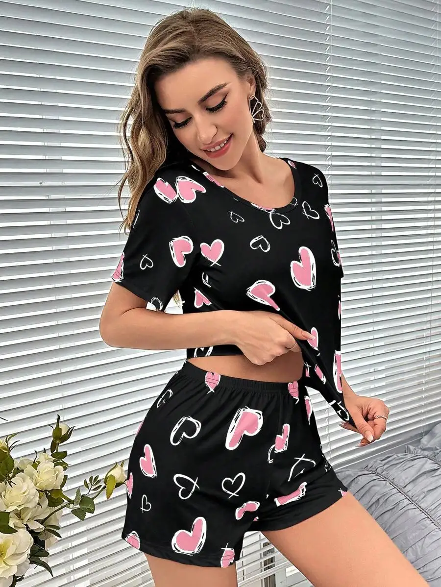 Womens Black Heart Print Knit Short Sleeve Round Neck Pajama Set With Shorts
Womens Black Heart Print Knit Short Sleeve Round Neck Pajama Set With Shorts