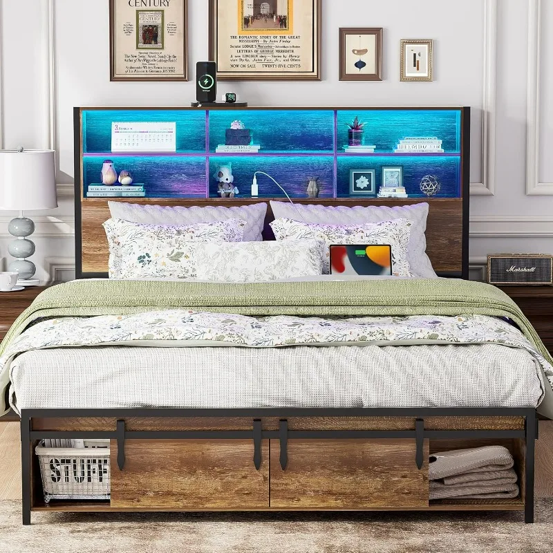 Full Size Bed Frame with Bookcase Headboard and Sliding Barn Door Storage Cubbies, Wood Bed Frame with LED Light and Charging
Full Size Bed Frame with Bookcase Headboard and Sliding Barn Door Storage Cubbies, Wood Bed Frame with LED Light and Charging