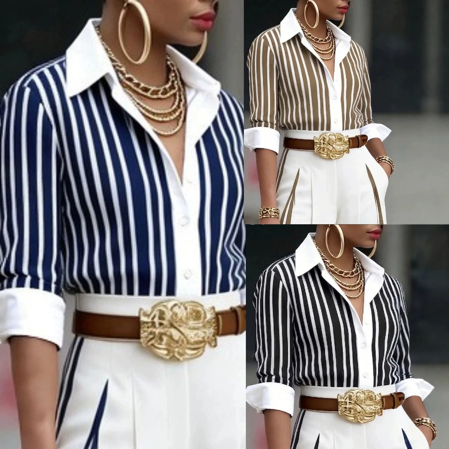Women Blouse Long Sleeve Striped Blouses Contrast Collar Rolled Cuff Button Down Shirt Navy Stripe Black Stripe Office Shirt
Women Blouse Long Sleeve Striped Blouses Contrast Collar Rolled Cuff Button Down Shirt Navy Stripe Black Stripe Office Shirt