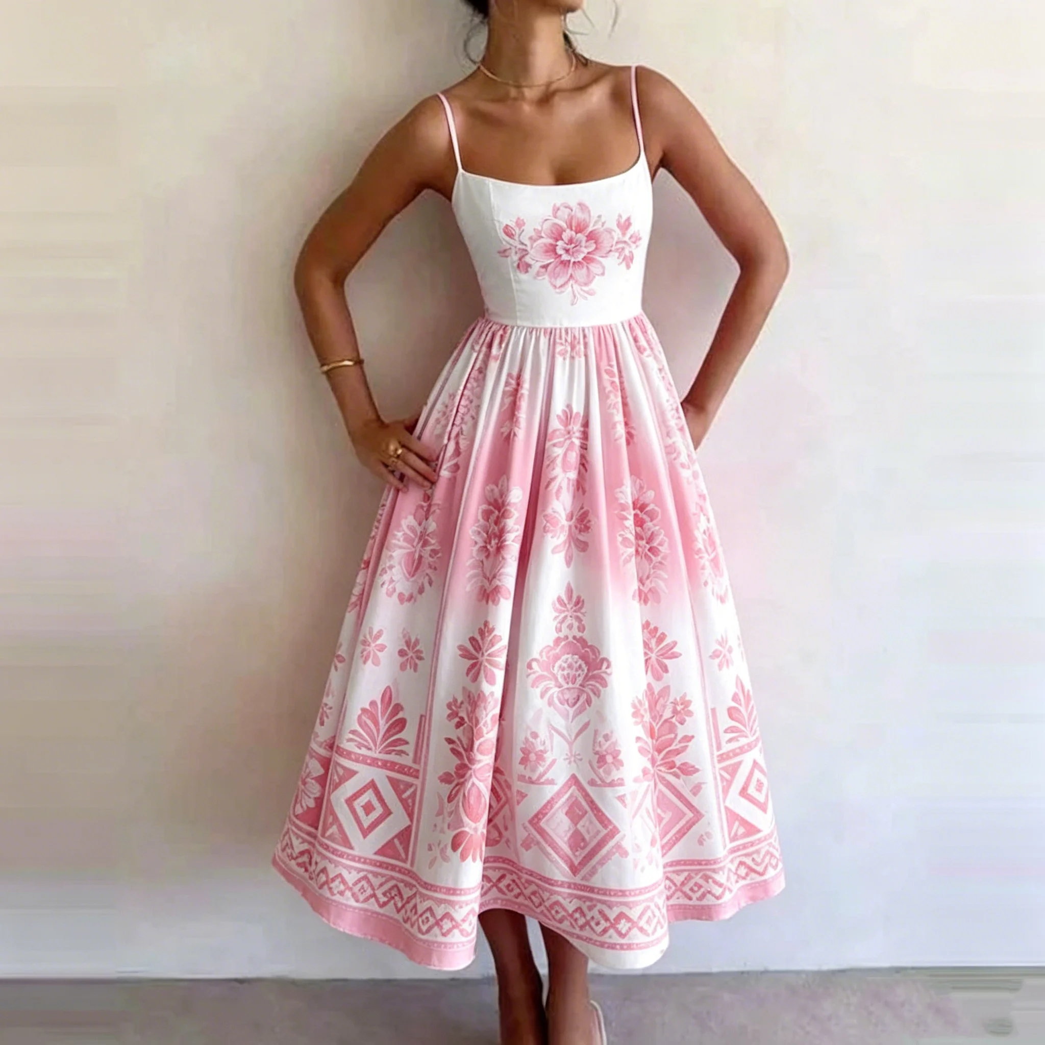 Women's Summer Pink Gradient Ethnic Floral Print Spaghetti Strap Midi Dress A-Line High Waist Casual Elegant Chic Boho Dresses
Women's Summer Pink Gradient Ethnic Floral Print Spaghetti Strap Midi Dress A-Line High Waist Casual Elegant Chic Boho Dresses