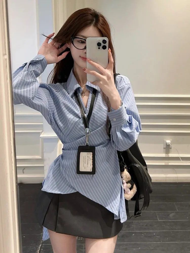 Chic Blue Shirt Women's Early Spring New Design Cross Waist Cinched Side Tie Korean Style Striped Unique Exquisite Blouse
Chic Blue Shirt Women's Early Spring New Design Cross Waist Cinched Side Tie Korean Style Striped Unique Exquisite Blouse
