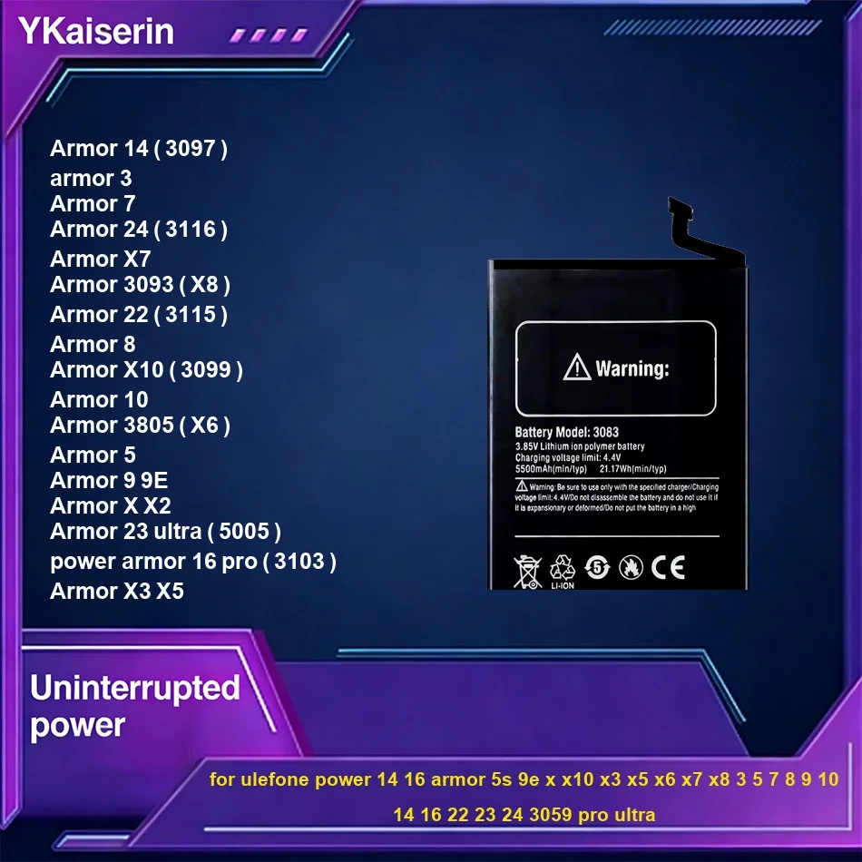 Battery For Ulefone Power 14 16 Armor 5S 9E x X10 X3 X5 X6 X7 X8 3 5 7 8 9 10 14 16 22 23 24 3059 Pro Ultra 2640-22000mAh
Battery For Ulefone Power 14 16 Armor 5S 9E x X10 X3 X5 X6 X7 X8 3 5 7 8 9 10 14 16 22 23 24 3059 Pro Ultra 2640-22000mAh
