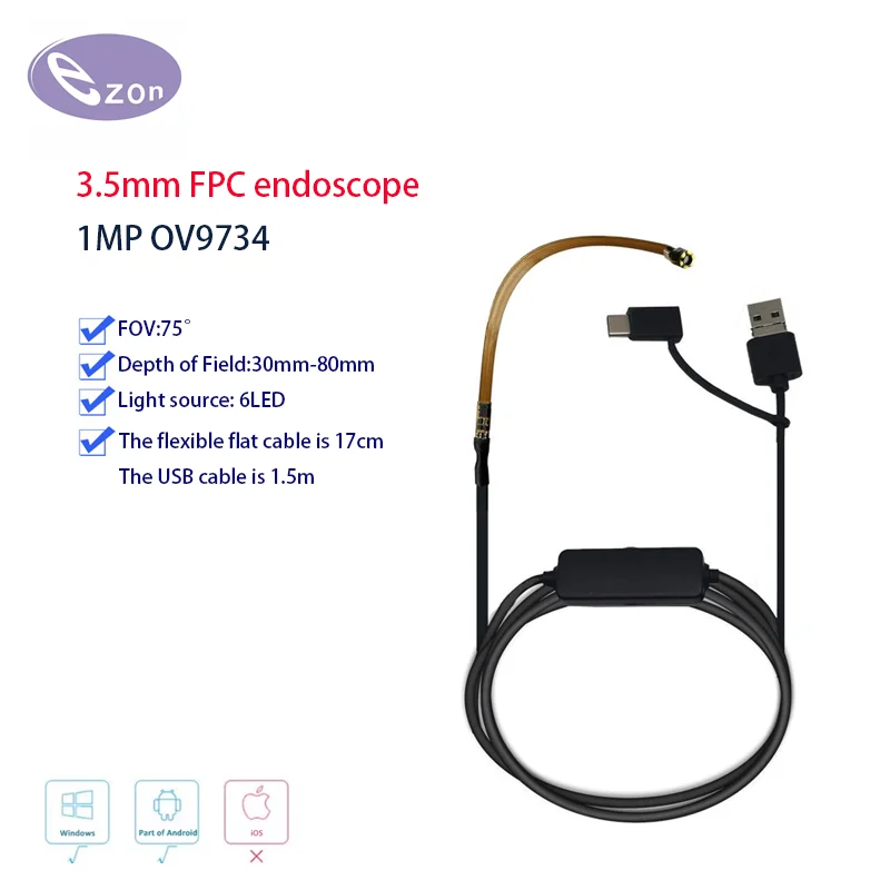 1MP 3.5mm FPC flexible cable endoscope 3-in-1 cable FOV75゜ USB industrial endoscope camera EZ-EN35L-S
1MP 3.5mm FPC flexible cable endoscope 3-in-1 cable FOV75゜ USB industrial endoscope camera EZ-EN35L-S