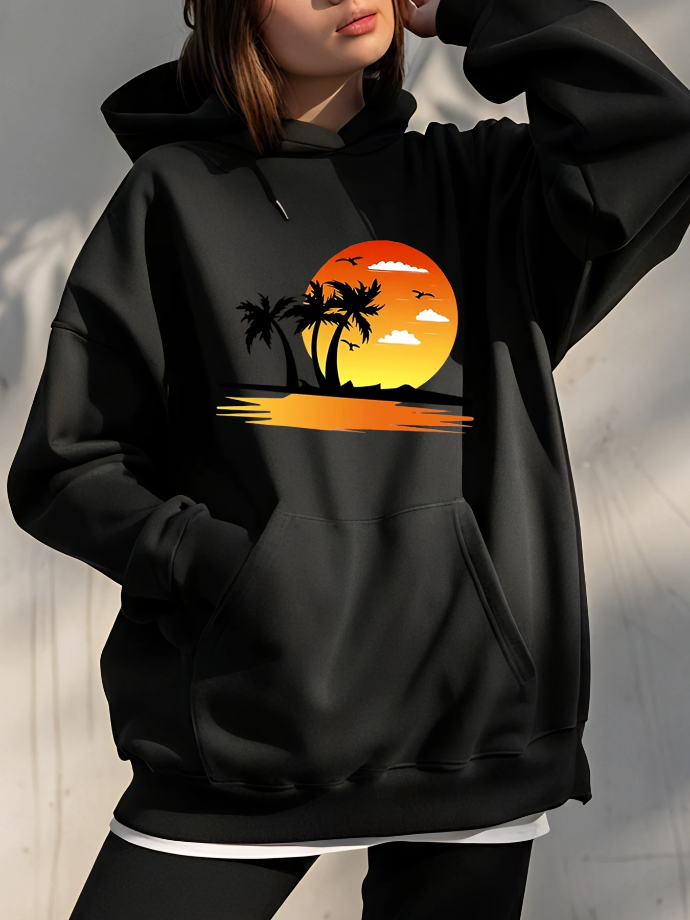 Женская черная толстовка с капюшоном и принтом пальмы заката, повседневная толстовка в пляжном стиле, уличная одежда
Женская черная толстовка с капюшоном и принтом пальмы заката, повседневная толстовка в пляжном стиле, уличная одежда