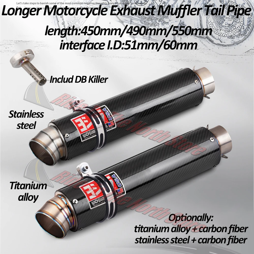 450mm 490mm 550mm Longer Titanium yoshi Motorcycle Exhaust 51mm 60mm Inlet Carbon Fiber Muffler Tail Pipe Universal Bike Escape
450mm 490mm 550mm Longer Titanium yoshi Motorcycle Exhaust 51mm 60mm Inlet Carbon Fiber Muffler Tail Pipe Universal Bike Escape