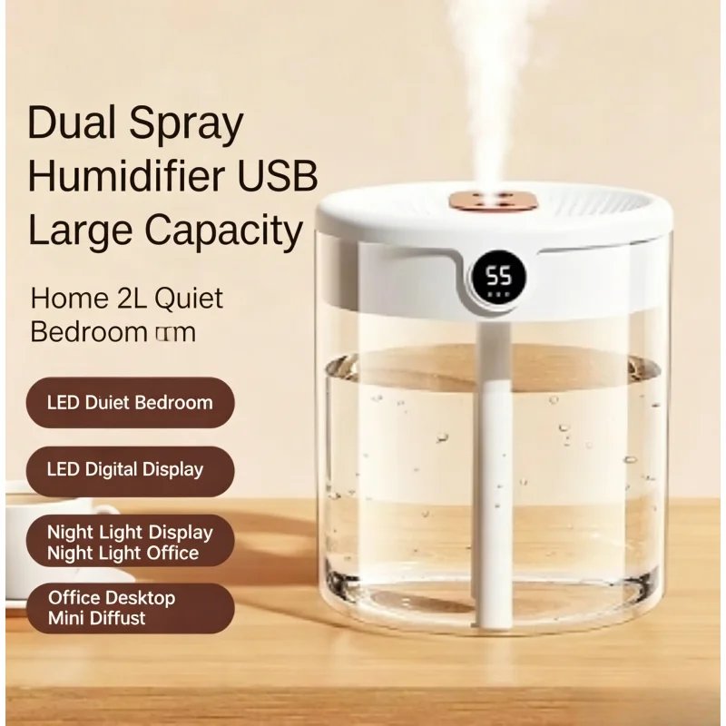 2L Large Capacity Dual Spray Humidifier USB Silent LED Display Night Light Portable Desktop Mist Diffuser For Home Bedroom Offic
2L Large Capacity Dual Spray Humidifier USB Silent LED Display Night Light Portable Desktop Mist Diffuser For Home Bedroom Offic