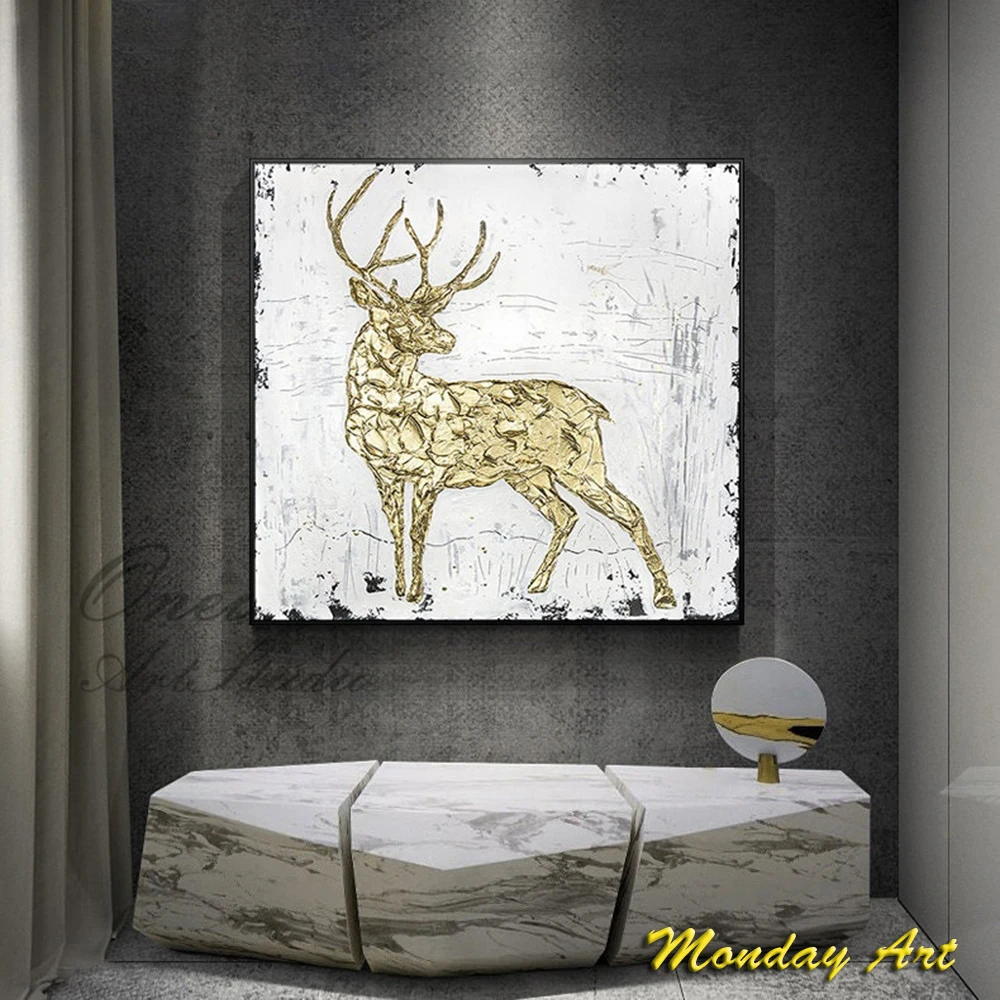 Handmade Oil Painting Large Abstract Gold Deer on Canvas Original Stag Canvas Art Modern Animal Wall Art for Living Room Decor
Handmade Oil Painting Large Abstract Gold Deer on Canvas Original Stag Canvas Art Modern Animal Wall Art for Living Room Decor