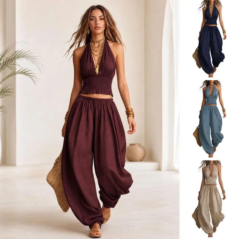 Pants Sets Women Fashion Halter Crop Top Two Piece Ladies Sets Flimsy Wide Leg Pants 2026 New Summer High Street Outfits
Pants Sets Women Fashion Halter Crop Top Two Piece Ladies Sets Flimsy Wide Leg Pants 2026 New Summer High Street Outfits