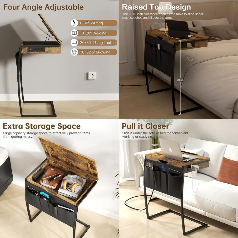 Rustic Brown C-Shaped Couch Side Table with Storage, Laptop Desk, and Charging Station
Rustic Brown C-Shaped Couch Side Table with Storage, Laptop Desk, and Charging Station
