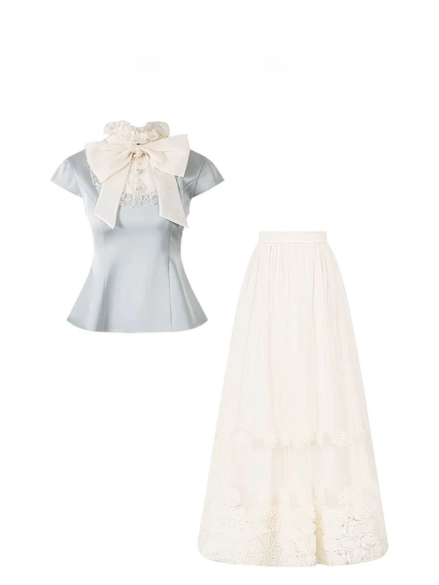 Elegant Two-Piece Set with Knot Lace Splicing A-Line Skirt by Parkyeon Unique Design Short Sleeve round Neck
Elegant Two-Piece Set with Knot Lace Splicing A-Line Skirt by Parkyeon Unique Design Short Sleeve round Neck