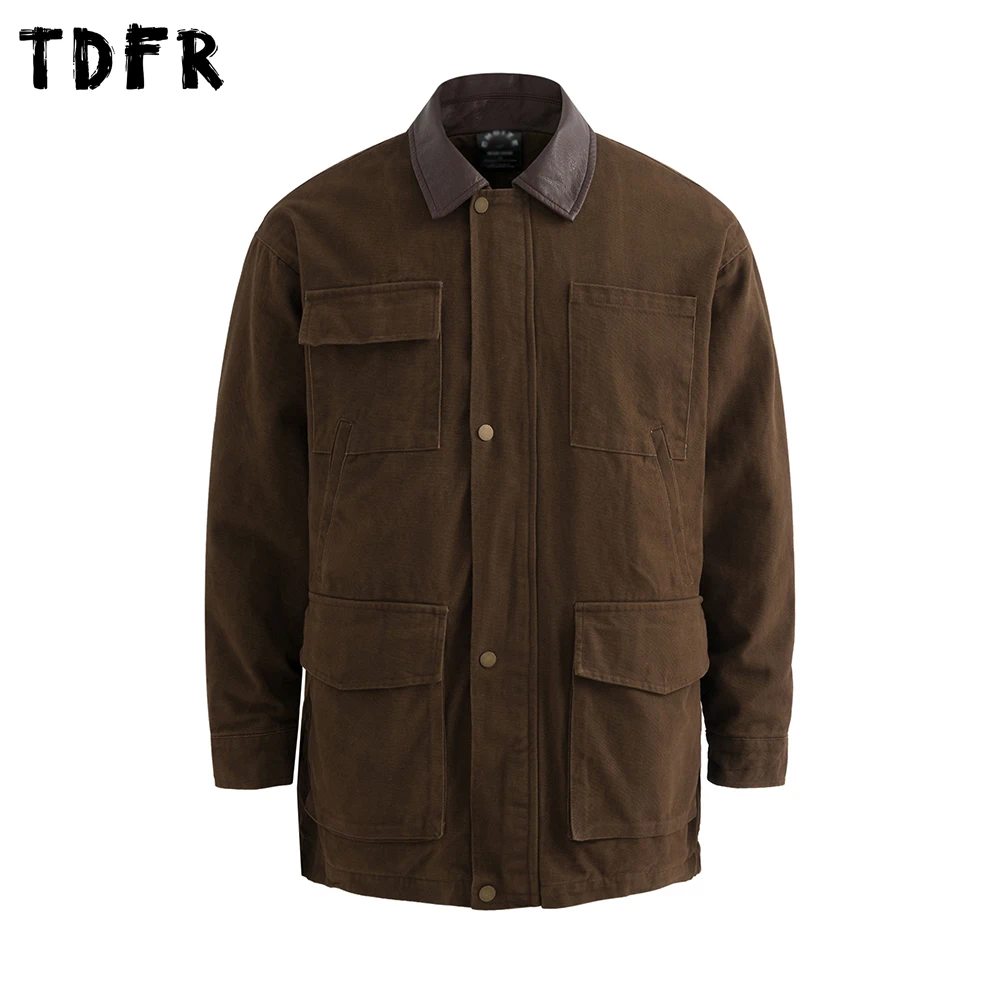 Retro Cargo Jacket Mens Multi-Pocket Autumn Winter Casual Loose PU Leather Spliced Lapel Long Sleeve Single Breasted Jacket Man 
Retro Cargo Jacket Mens Multi-Pocket Autumn Winter Casual Loose PU Leather Spliced Lapel Long Sleeve Single Breasted Jacket Man