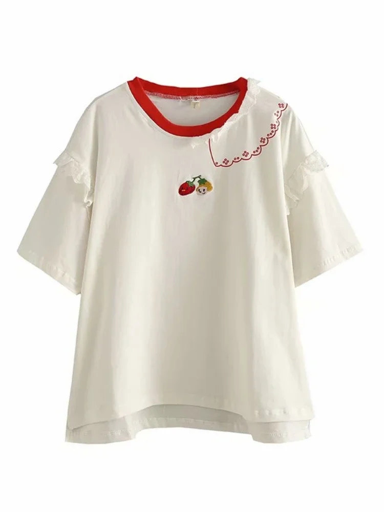 Высокое качество, женская футболка из 100% хлопка, лоскутные рубашки с мультяшной вышивкой и оборками, летняя милая футболка с коротким рукавом и круглым вырезом
Высокое качество, женская футболка из 100% хлопка, лоскутные рубашки с мультяшной вышивкой и оборками, летняя милая футболка с коротким рукавом и круглым вырезом