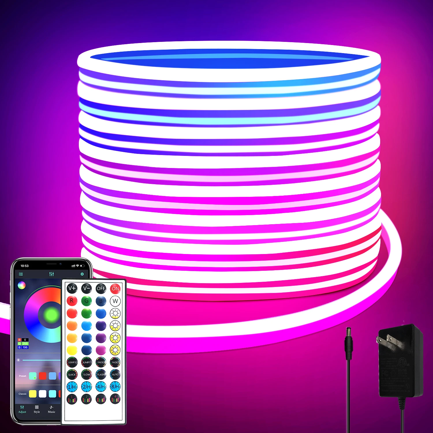 32.8ft LED neon Lights with Remote APP Control IP65 Waterproof Flexible Neon Strip Lights 24V RGB Rope Lights for Bedroom Room
32.8ft LED neon Lights with Remote APP Control IP65 Waterproof Flexible Neon Strip Lights 24V RGB Rope Lights for Bedroom Room