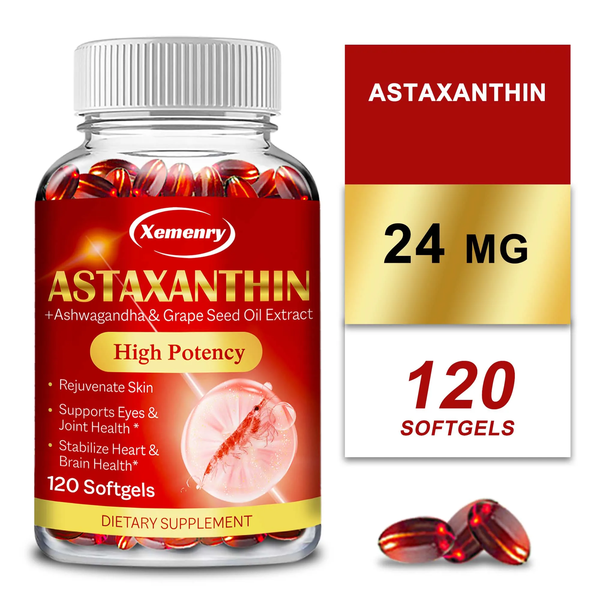 Astaxanthin Softgels - Improve Blood Circulation, Increase Energy, Antioxidant, Support Eye, Skin, Joint & Immune System Health
Astaxanthin Softgels - Improve Blood Circulation, Increase Energy, Antioxidant, Support Eye, Skin, Joint & Immune System Health