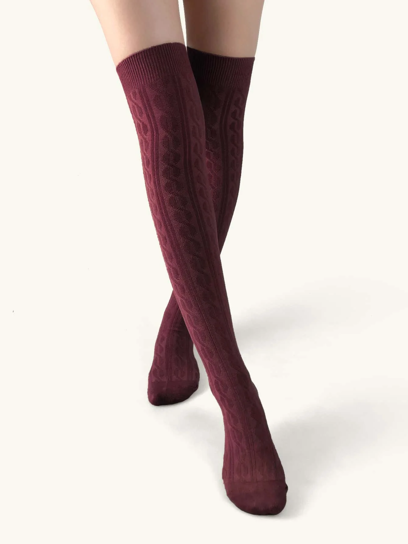 Burgundy Cable Knit Over-the-Knee Socks, Stretchy & Cozy Fit
Burgundy Cable Knit Over-the-Knee Socks, Stretchy & Cozy Fit
