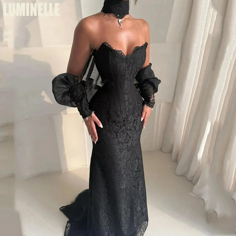 Customized Wedding Party Dresses Elegant Black Lace Formal Occasion Halter Bubble Sleeve Sheath Sexy Cocktail Dress for Women
Customized Wedding Party Dresses Elegant Black Lace Formal Occasion Halter Bubble Sleeve Sheath Sexy Cocktail Dress for Women