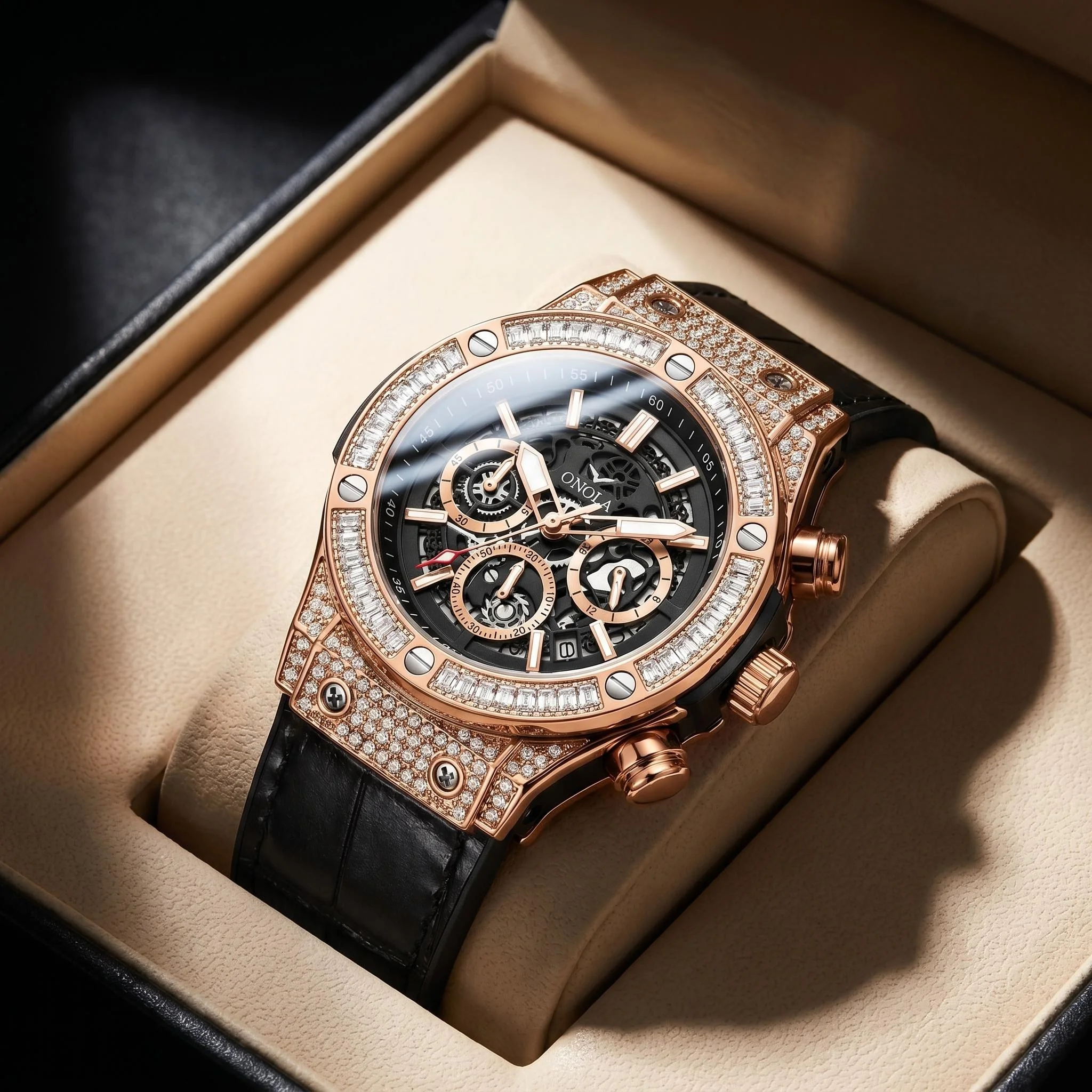 ONOLA full diamond bezel men's watch skeleton hollow chronograph quartz watch red leather strap waterproof night light luxury sp
ONOLA full diamond bezel men's watch skeleton hollow chronograph quartz watch red leather strap waterproof night light luxury sp