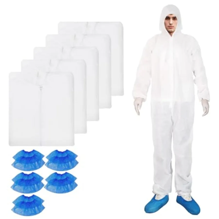 Hazmat Suits- 5 Pack Disposable Protective Coveralls with Hood, Zipper, Elastic Wrists, Shoe Covers for Men and Women, Shield f
Hazmat Suits- 5 Pack Disposable Protective Coveralls with Hood, Zipper, Elastic Wrists, Shoe Covers for Men and Women, Shield f