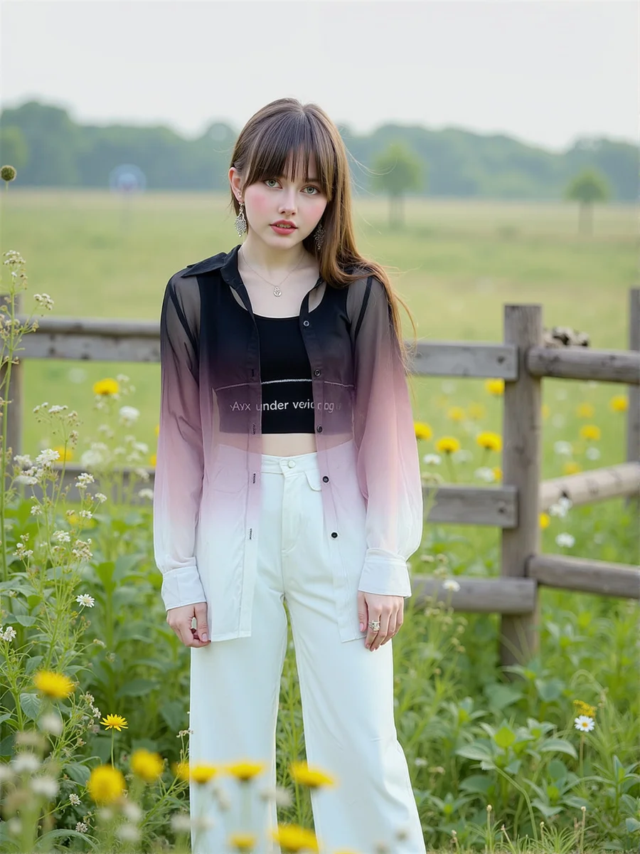 Gradient See-through Shirts Harajuku Y2K Blouses Elegant Woman Top Summer Turn OL Business Leaves Fiber Sleeved Silhouette Mini
Gradient See-through Shirts Harajuku Y2K Blouses Elegant Woman Top Summer Turn OL Business Leaves Fiber Sleeved Silhouette Mini