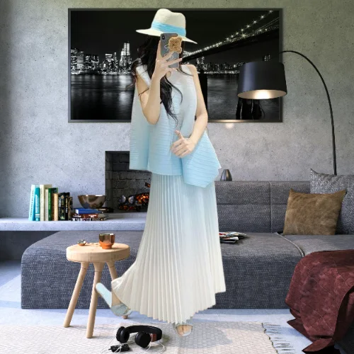 Miyake 2025 Summer New Sleeveless Top Pleated Blue Gradual Change Fashion Plisse Wear Loose Pleats Skirt Plus Size Pleated Suit
Miyake 2025 Summer New Sleeveless Top Pleated Blue Gradual Change Fashion Plisse Wear Loose Pleats Skirt Plus Size Pleated Suit
