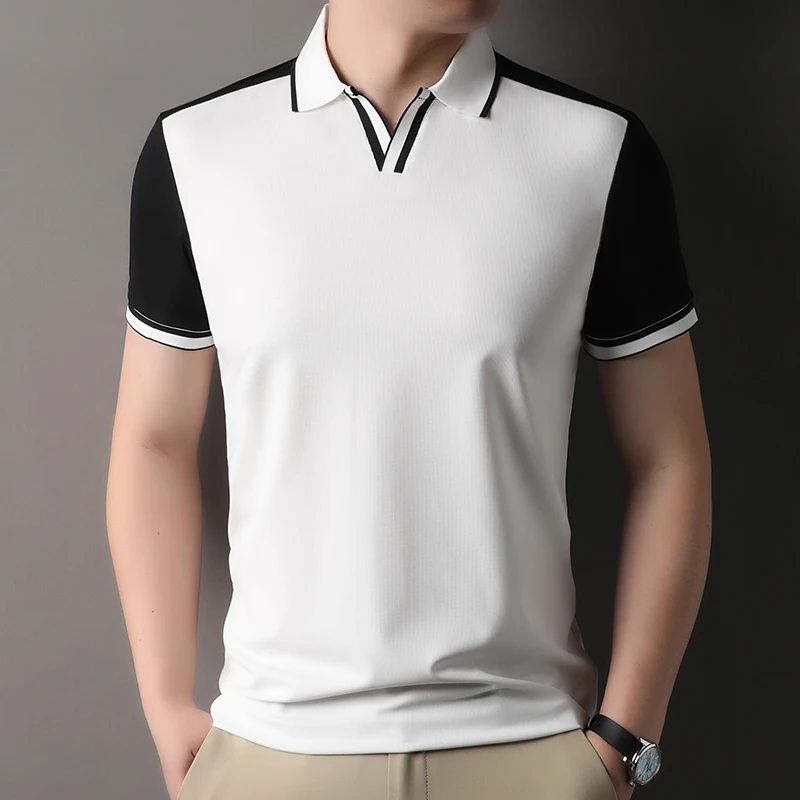 Personality buttonless V-neck polo shirt short sleeve fashion men's summer silky breathable trend color matched comfort T-shirt
Personality buttonless V-neck polo shirt short sleeve fashion men's summer silky breathable trend color matched comfort T-shirt