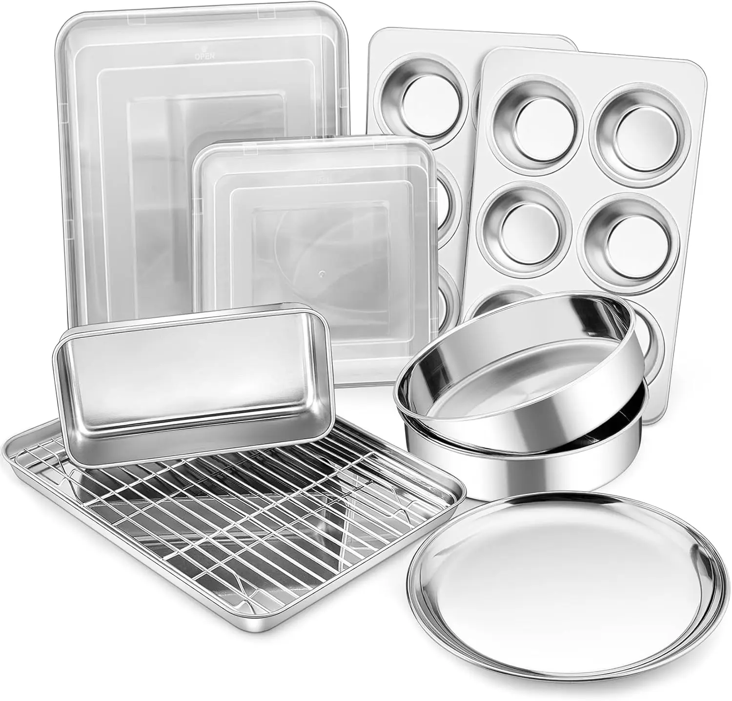 12-Piece Stainless Steel Bakeware Set, Baking Pans with Lid, Cooling Rack, Muffin Pan, Loaf Pan, Pizza Tray
12-Piece Stainless Steel Bakeware Set, Baking Pans with Lid, Cooling Rack, Muffin Pan, Loaf Pan, Pizza Tray