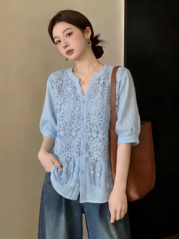 Light Blue V-Neck Short Sleeve Lace Hollow out Women's Shirt Korean Style Commute Loose Fit Summer New Arrival plus Size
Light Blue V-Neck Short Sleeve Lace Hollow out Women's Shirt Korean Style Commute Loose Fit Summer New Arrival plus Size
