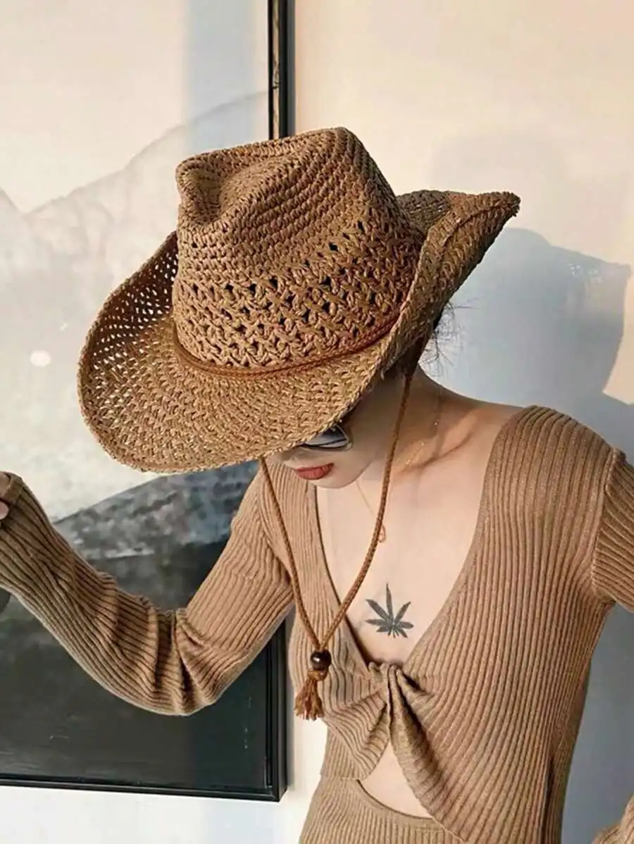 Boho Hollow Out Woven Straw Hat In Beige Western Cowboy Style Sun Protection Breathable Windproof For Beach Summer
Boho Hollow Out Woven Straw Hat In Beige Western Cowboy Style Sun Protection Breathable Windproof For Beach Summer