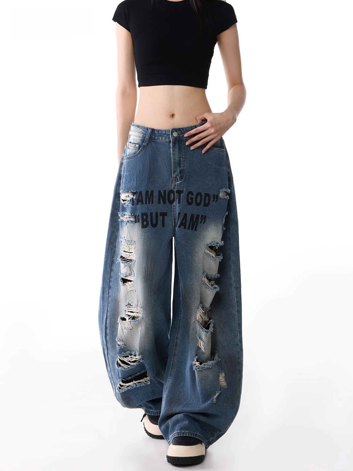 Summer Thin Blue Denim Jeans Women's Large Hole Letter Print American Wide Leg Cool Casual Loose Fit Cotton Polyester Blend
Summer Thin Blue Denim Jeans Women's Large Hole Letter Print American Wide Leg Cool Casual Loose Fit Cotton Polyester Blend