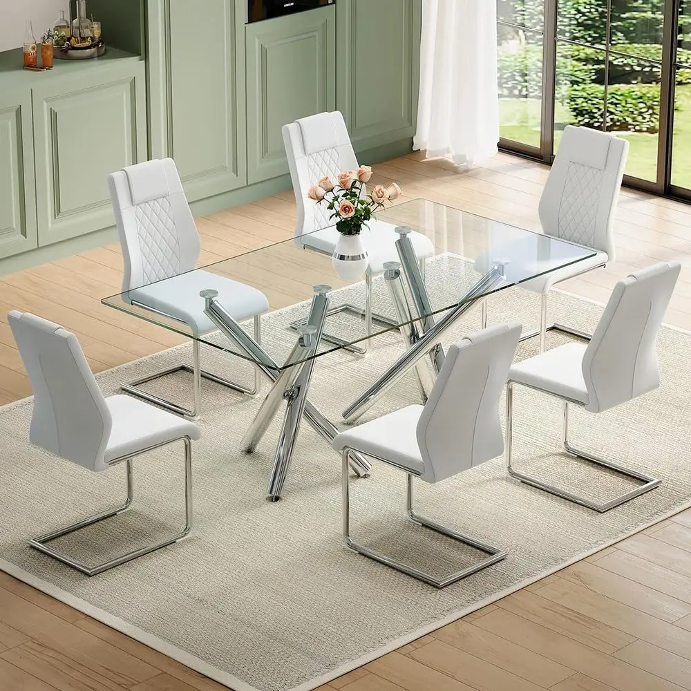 6-71 Tempered Glass Dining Set with 6 PU Leather Chairs and Silver Chrome Legs
6-71 Tempered Glass Dining Set with 6 PU Leather Chairs and Silver Chrome Legs