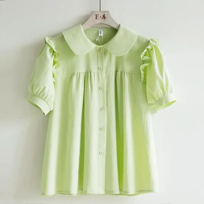 Blue Peter Pan Collar Single Breasted Short Sleeve Loose Women's Blouse Shirt Korean Fashion Female Clothing Tops 2025 Spring
Blue Peter Pan Collar Single Breasted Short Sleeve Loose Women's Blouse Shirt Korean Fashion Female Clothing Tops 2025 Spring