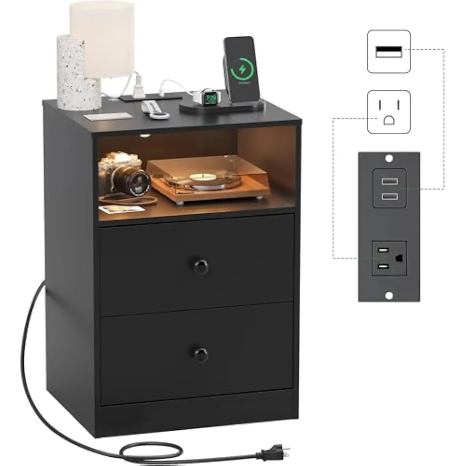 Night Stand with Charging Station, Led Wood Black Nightstand Bedside Table with 2 USB Ports & Outlets, Nightstands with 2 Large
Night Stand with Charging Station, Led Wood Black Nightstand Bedside Table with 2 USB Ports & Outlets, Nightstands with 2 Large