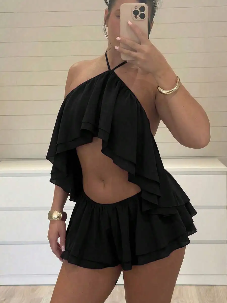 Black Ruffled Asymmetrical Halter Top And High Waist Shorts 2-Piece Set Summer
Black Ruffled Asymmetrical Halter Top And High Waist Shorts 2-Piece Set Summer