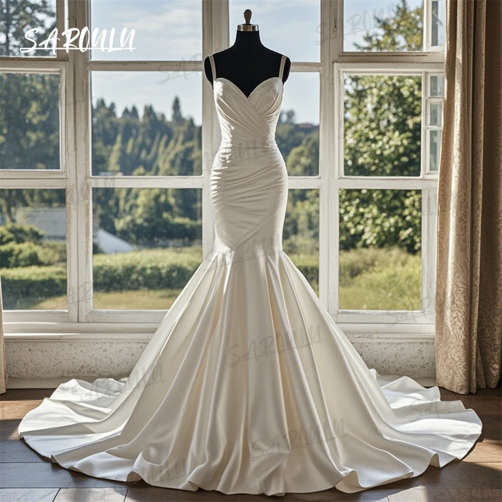 Pleated Satin Long Wedding Dress for Women, Fir and Flare Train, Spaghetti Straps Customized Bride Dresses Simple Bridal Gown
Pleated Satin Long Wedding Dress for Women, Fir and Flare Train, Spaghetti Straps Customized Bride Dresses Simple Bridal Gown
