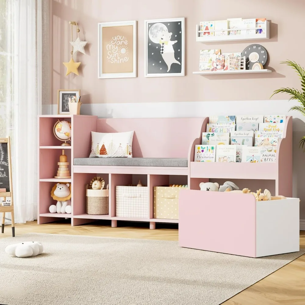 67" Kids Reading Nook,Kids Bookshelf and Bookcase with Seat Cushion and 6 Storage Cubbies, Toy Storage Box on Wheels, Toy Chest
67" Kids Reading Nook,Kids Bookshelf and Bookcase with Seat Cushion and 6 Storage Cubbies, Toy Storage Box on Wheels, Toy Chest