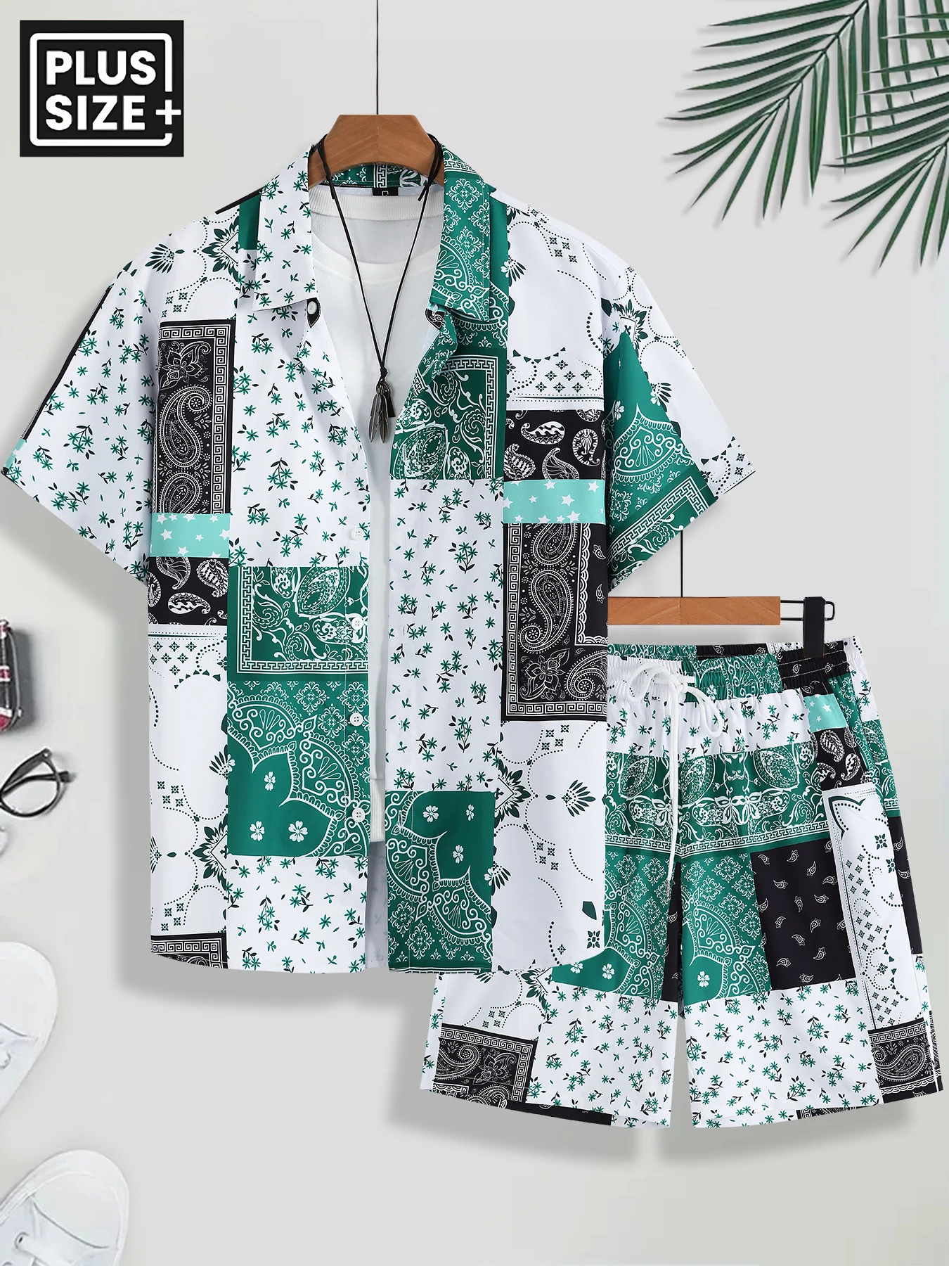Plus Size Men's Green & White Paisley Patchwork Casual Set 2 Piece Cuban Collar Short Sleeve Shirt & Drawstring Shorts Outfit
Plus Size Men's Green & White Paisley Patchwork Casual Set 2 Piece Cuban Collar Short Sleeve Shirt & Drawstring Shorts Outfit