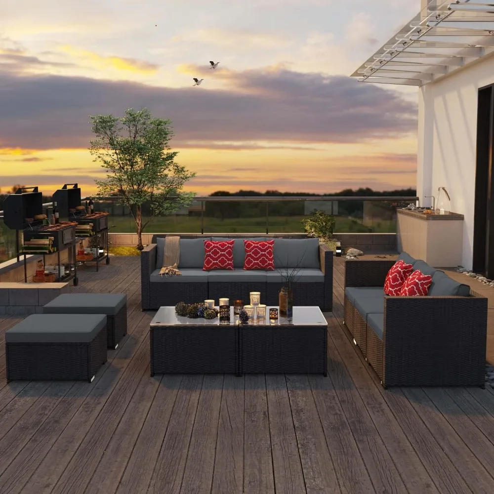 5 Pieces Patio Furniture Set All-Weather Outdoor Wicker Sectional Patio Furniture with Cushion and Glass Table (Grey)
5 Pieces Patio Furniture Set All-Weather Outdoor Wicker Sectional Patio Furniture with Cushion and Glass Table (Grey)