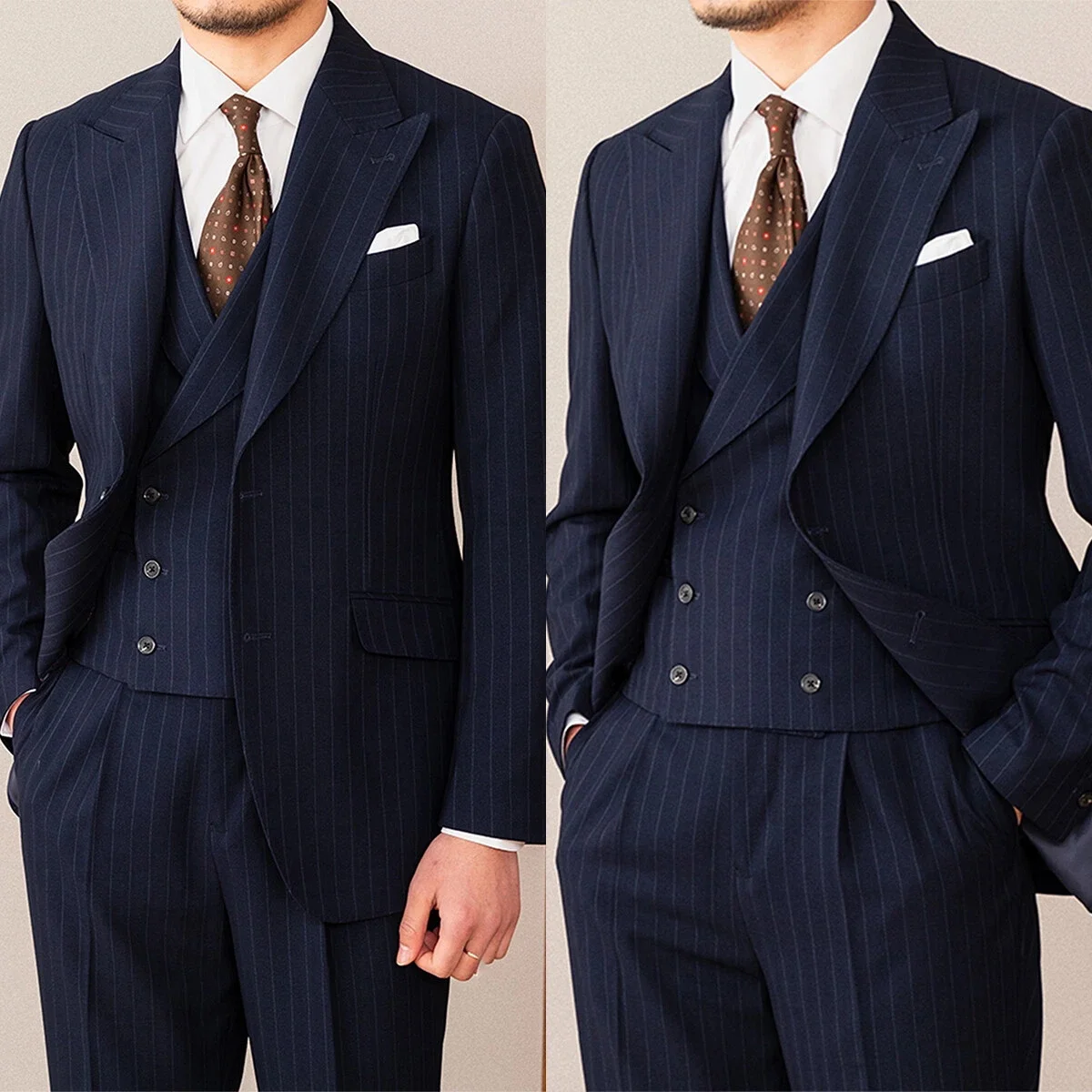 Navy Blue Pin Striped Men Suits 3pcs Suit Jacket Pants Vest Single Breasted Regular Fit Suit for business Wedding Groom Tuxedos
Navy Blue Pin Striped Men Suits 3pcs Suit Jacket Pants Vest Single Breasted Regular Fit Suit for business Wedding Groom Tuxedos