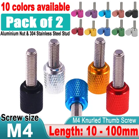2Pcs M4 Colourful Thumb Screw Aluminum Alloy+Stainless Steel Flat Head Knurled Hand Grip Knob Step Machine Bolts