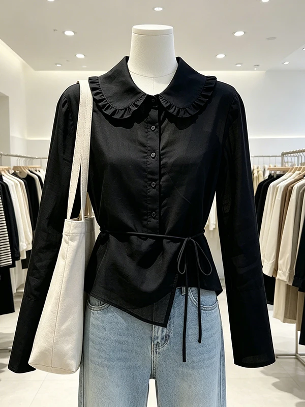 Korean Style Doll Collar Shirt Women's Spring Summer Black Waist Cinching Tie Dye Inner Wear Super Beautiful Top
Korean Style Doll Collar Shirt Women's Spring Summer Black Waist Cinching Tie Dye Inner Wear Super Beautiful Top
