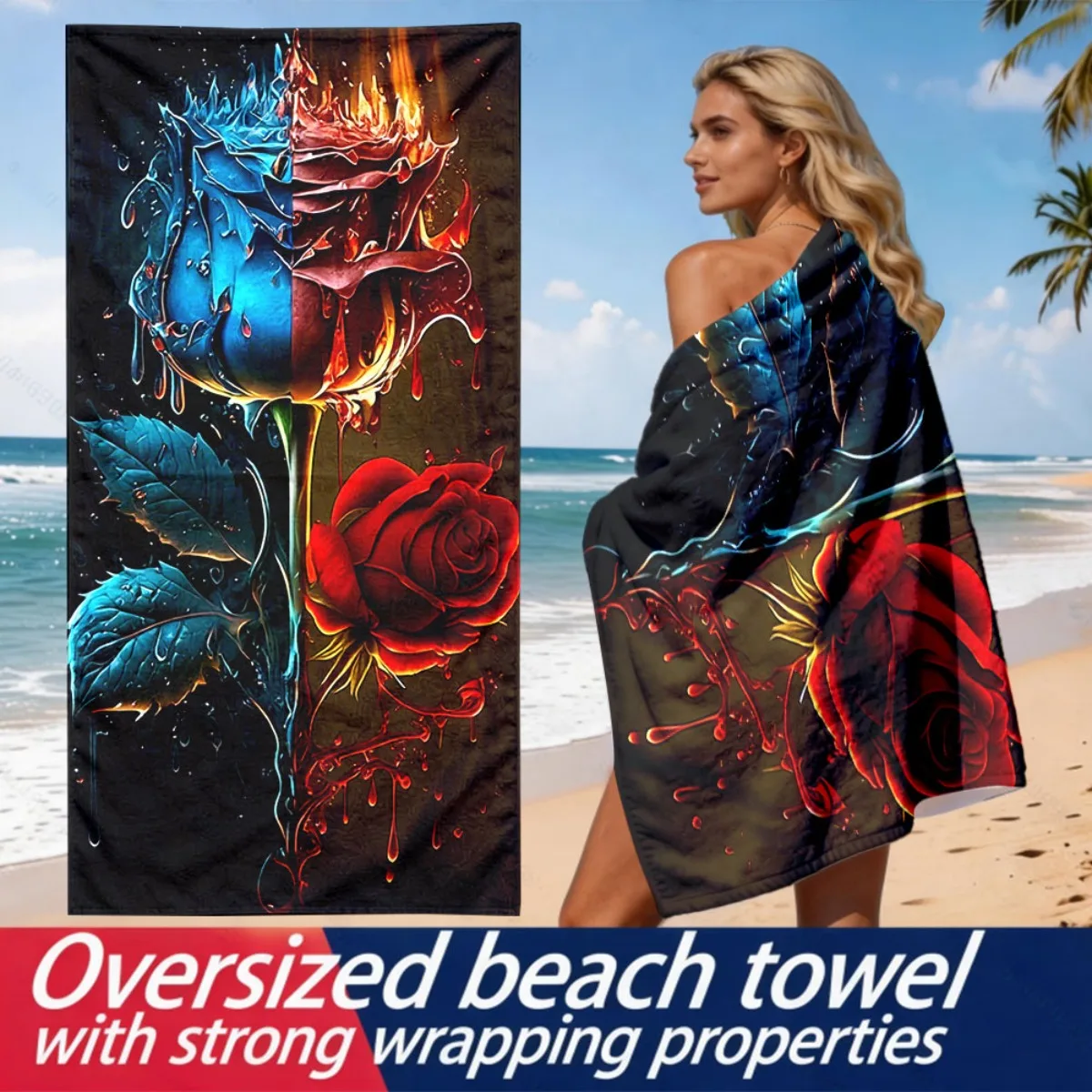 Ice and Fire Rose Art Theme polyester microfiber beach towel is highly absorbent, suitable for swimming and beach outings
Ice and Fire Rose Art Theme polyester microfiber beach towel is highly absorbent, suitable for swimming and beach outings