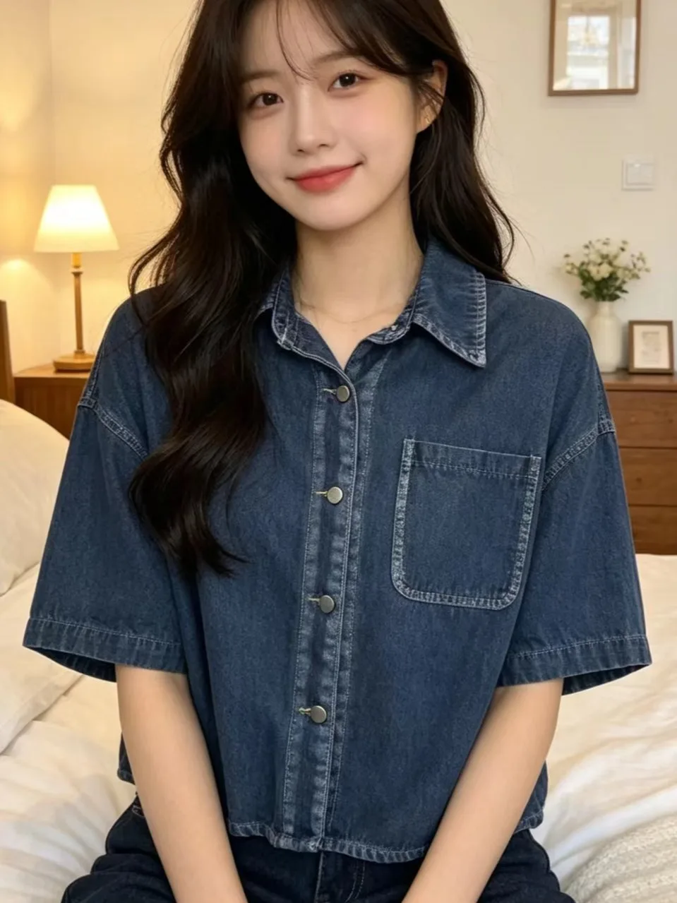 Retro Collar Short Sleeve Denim Casual Shirt Women Summer Single Button Pocket Design Slimming Short Length Top
Retro Collar Short Sleeve Denim Casual Shirt Women Summer Single Button Pocket Design Slimming Short Length Top