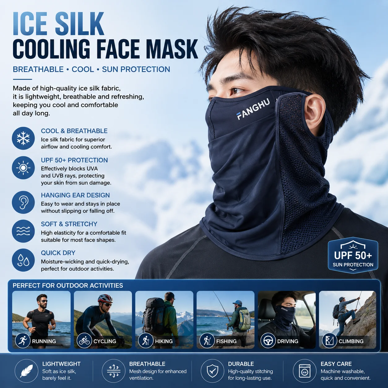 Summer UV protection ear hanging cycling sunscreen mask, breathable neck protection ice silk face mask for men and women
Summer UV protection ear hanging cycling sunscreen mask, breathable neck protection ice silk face mask for men and women