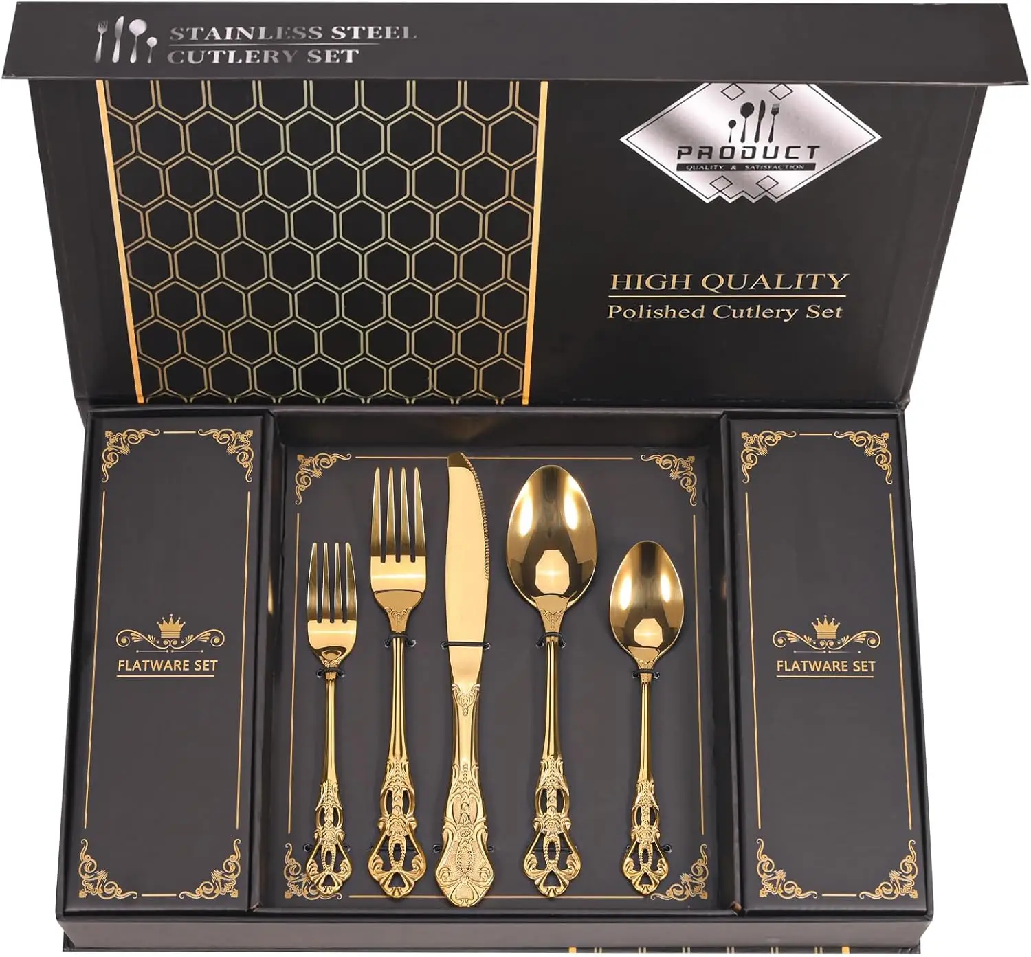 Royal Gold Silverware Set for 8, 40-Piece Stainless Steel Flatware with Gift Box, Dishwasher Safe
Royal Gold Silverware Set for 8, 40-Piece Stainless Steel Flatware with Gift Box, Dishwasher Safe