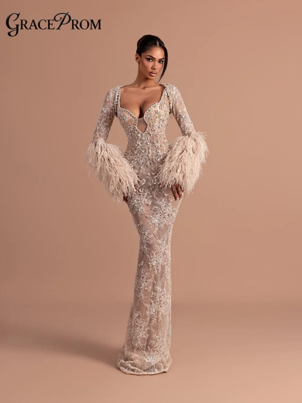 Nude Beaded Lace Mermaid Party Dress Sweetheart Neck Long Sleeve Feather Cuff Evening Gown For Wedding Guests فساتين سهرة Gown
Nude Beaded Lace Mermaid Party Dress Sweetheart Neck Long Sleeve Feather Cuff Evening Gown For Wedding Guests فساتين سهرة Gown
