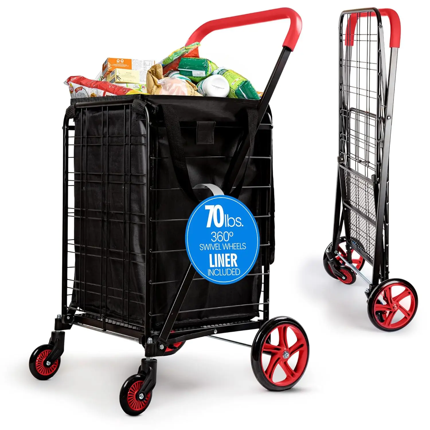 Folding Shopping Cart with Removable Waterproof Liner, 360° Swivel Wheels, Rust-Proof Steel Frame, 70 lb Capacity - Portable
Folding Shopping Cart with Removable Waterproof Liner, 360° Swivel Wheels, Rust-Proof Steel Frame, 70 lb Capacity - Portable