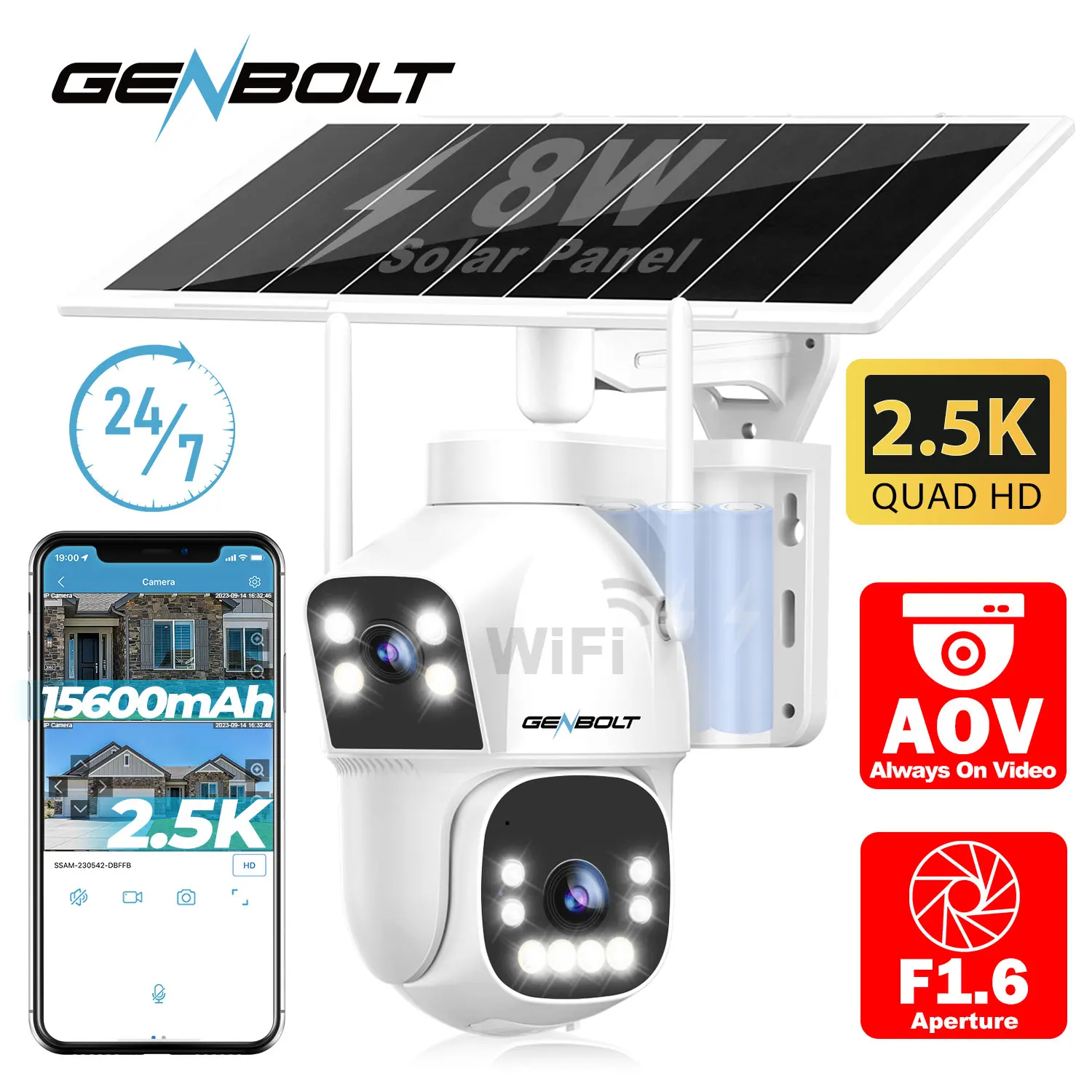 GENBOLT Outdoor Solar WiFi Cam, AOV 24/7 Record, Dual Motion Detect, 15600mAh Battery, Night Vision Patio & Garage
GENBOLT Outdoor Solar WiFi Cam, AOV 24/7 Record, Dual Motion Detect, 15600mAh Battery, Night Vision Patio & Garage