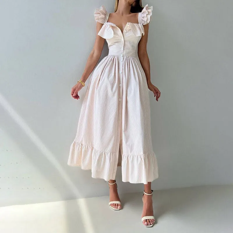 2026 New Summer Casual Striped Ruffle Maxi Dress Flutter Sleeve Waist Cinched Long Dress For Women
2026 New Summer Casual Striped Ruffle Maxi Dress Flutter Sleeve Waist Cinched Long Dress For Women